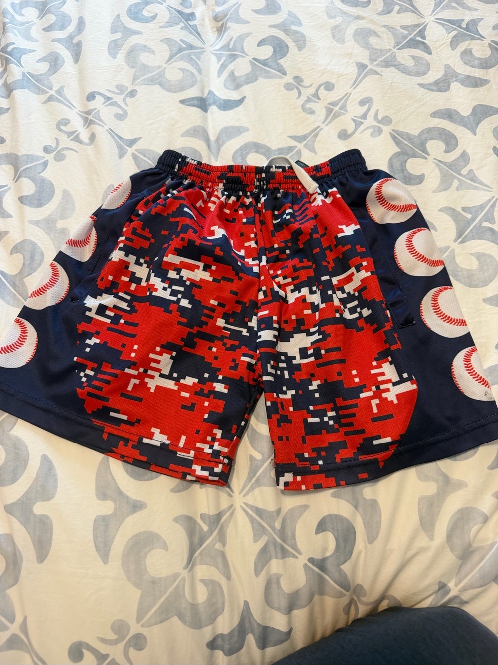 Boys Red Camo Athletic Shorts with Baseball Accent
